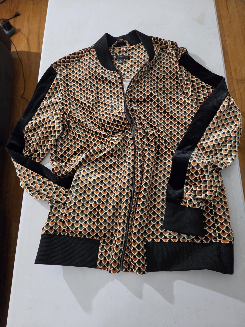 INC International Concepts Multicolor Geometric Bomber Jacket with Black Trim